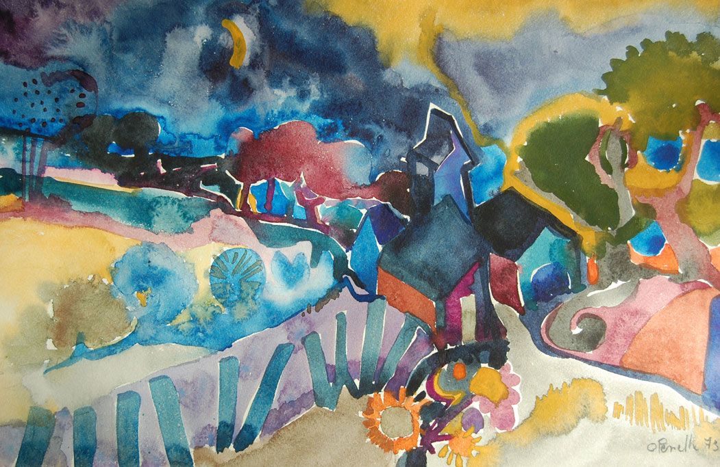 Odile Penelle - Annee 70 - Les barrières - Aquarelle